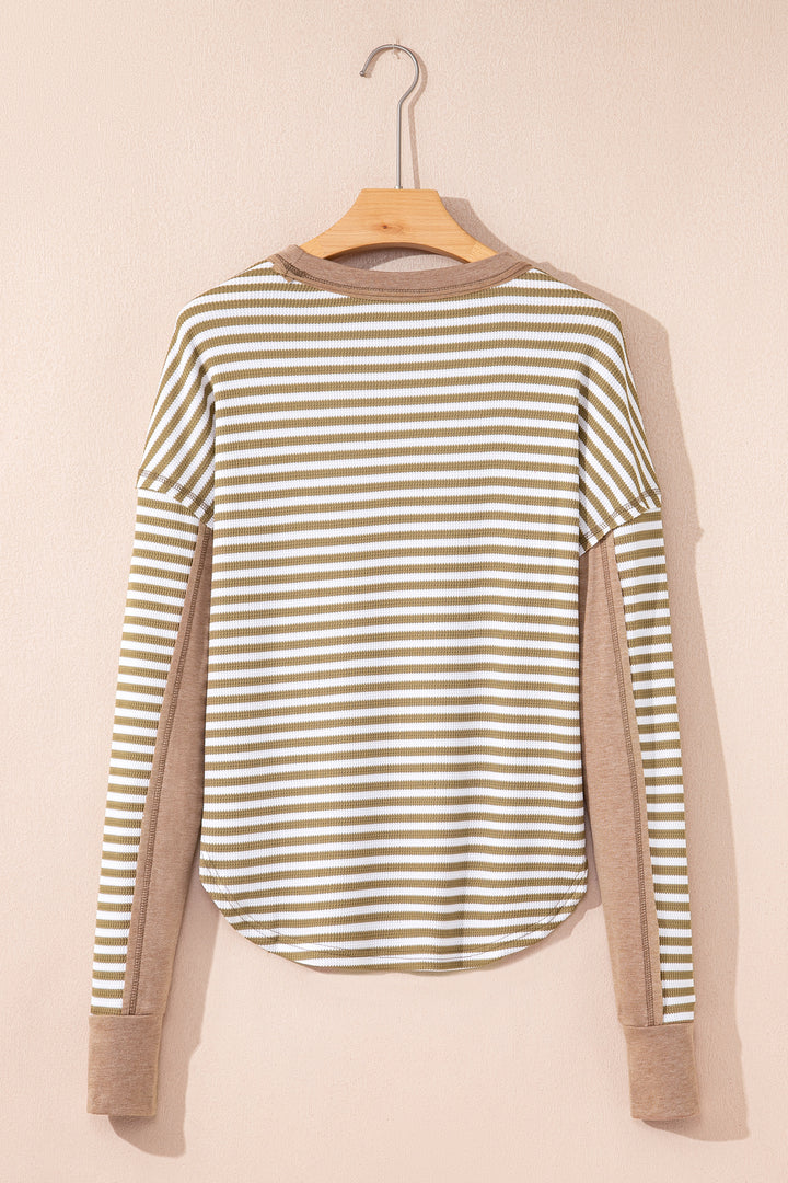 Khaki Stripe Thermal Knit Drop Shoulder Casual Top