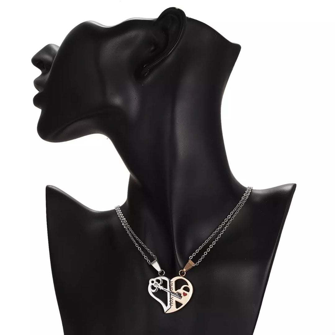 2 Piece Couple Heart Lock Key Necklace