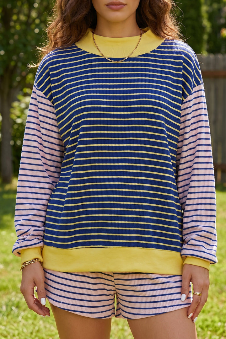 Blue Stripe Color Block Long Sleeve Pullover Ribbed Knit Casual Shorts Set