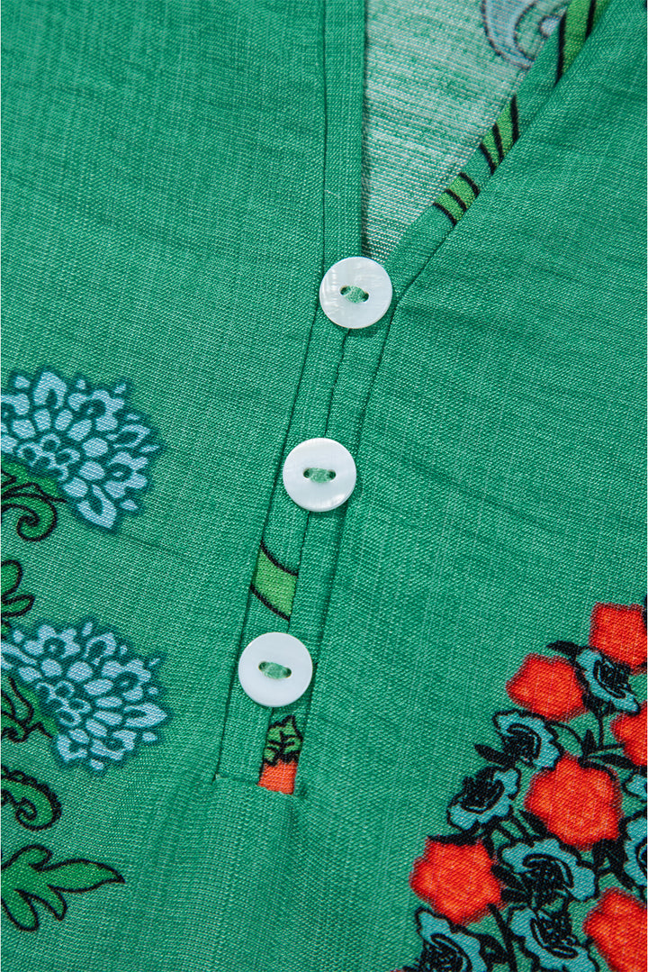 Chemisier à manches courtes et col en V boutonné à imprimé floral vert vif