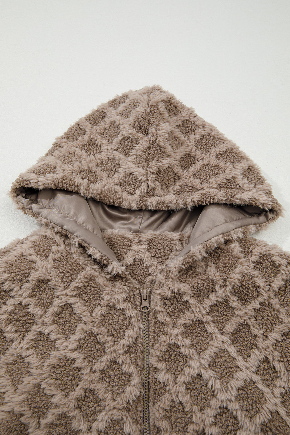 Chestnut Sherpa Rhombus Zip Up Side Pocket Hooded Jacket