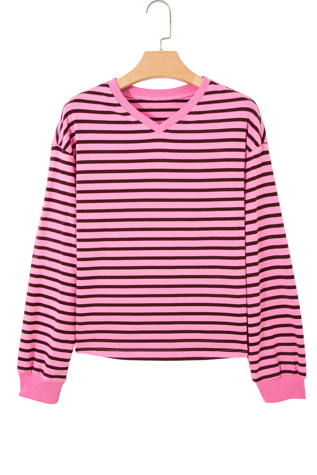 Pink Stripe V Neck Drop Shoulder Long Sleeve Top