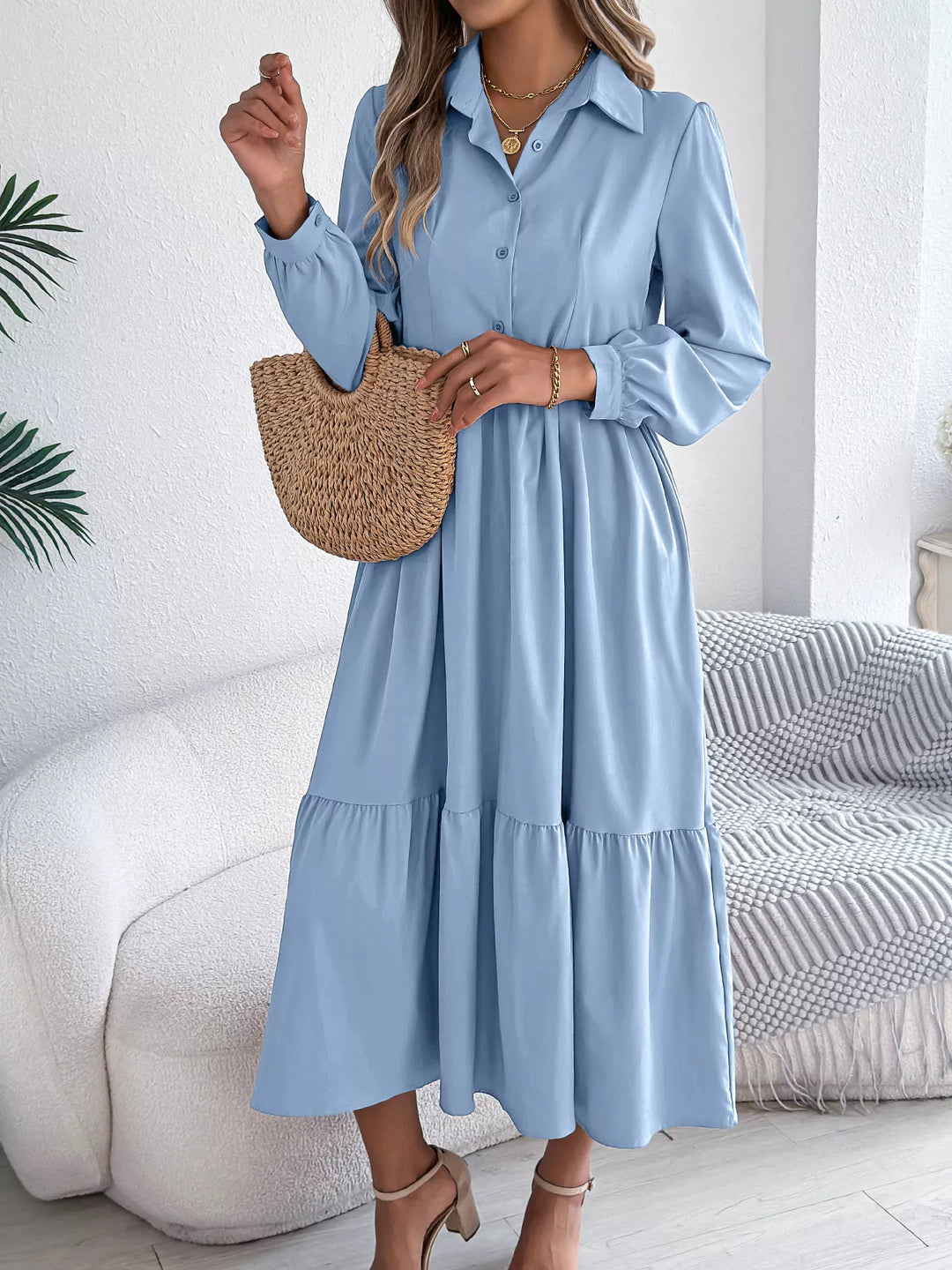 Long Sleeve Tiered Button Front Midi Dress