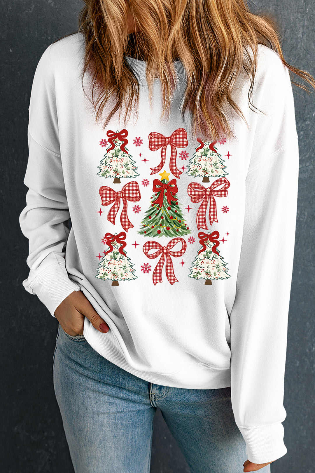 White Christmas Tree Ribbon Bow Printed Drop Shoulder Sweatshirt