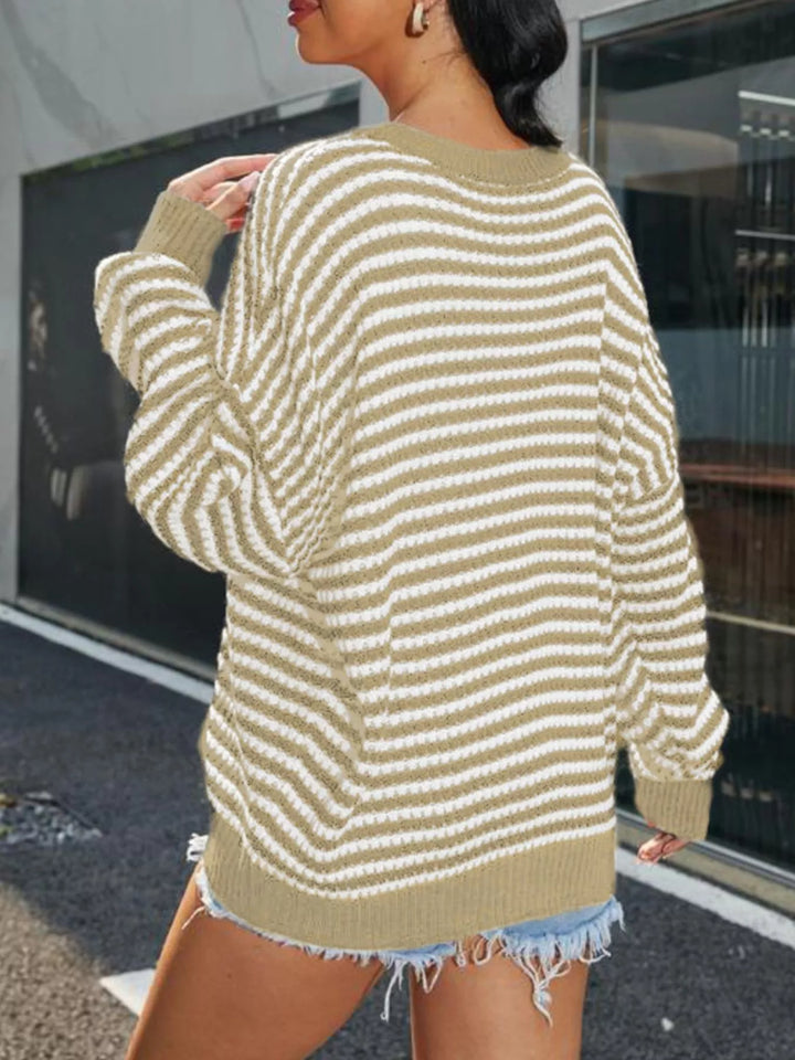 Striped Round Neck Drop Shoulder Sweater