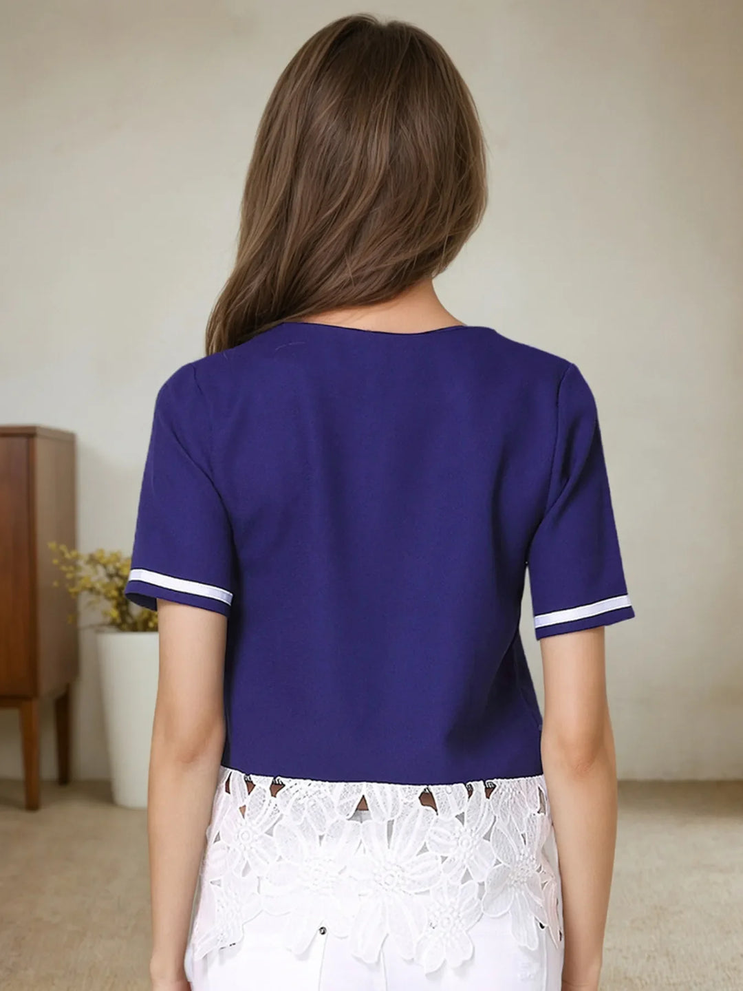 Striped Trim T-Shirt with Lace Hem Detail
