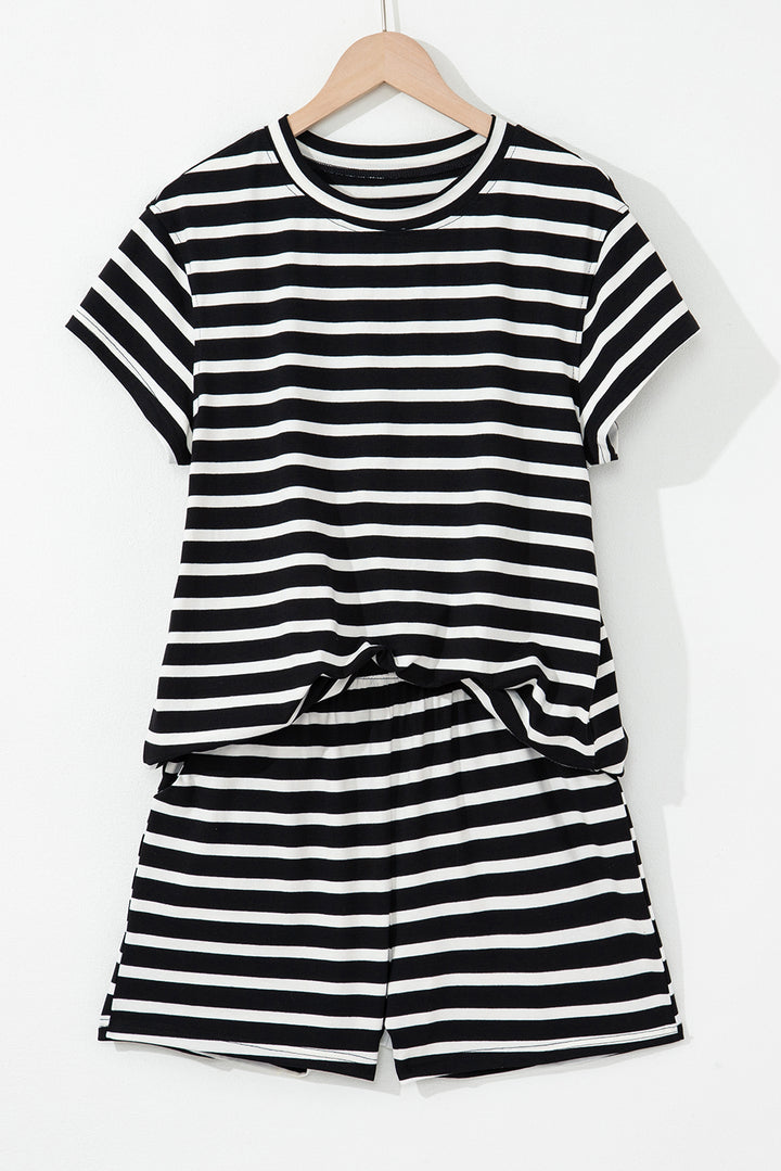 Black White Striped Short Sleeve Top and Shorts Set