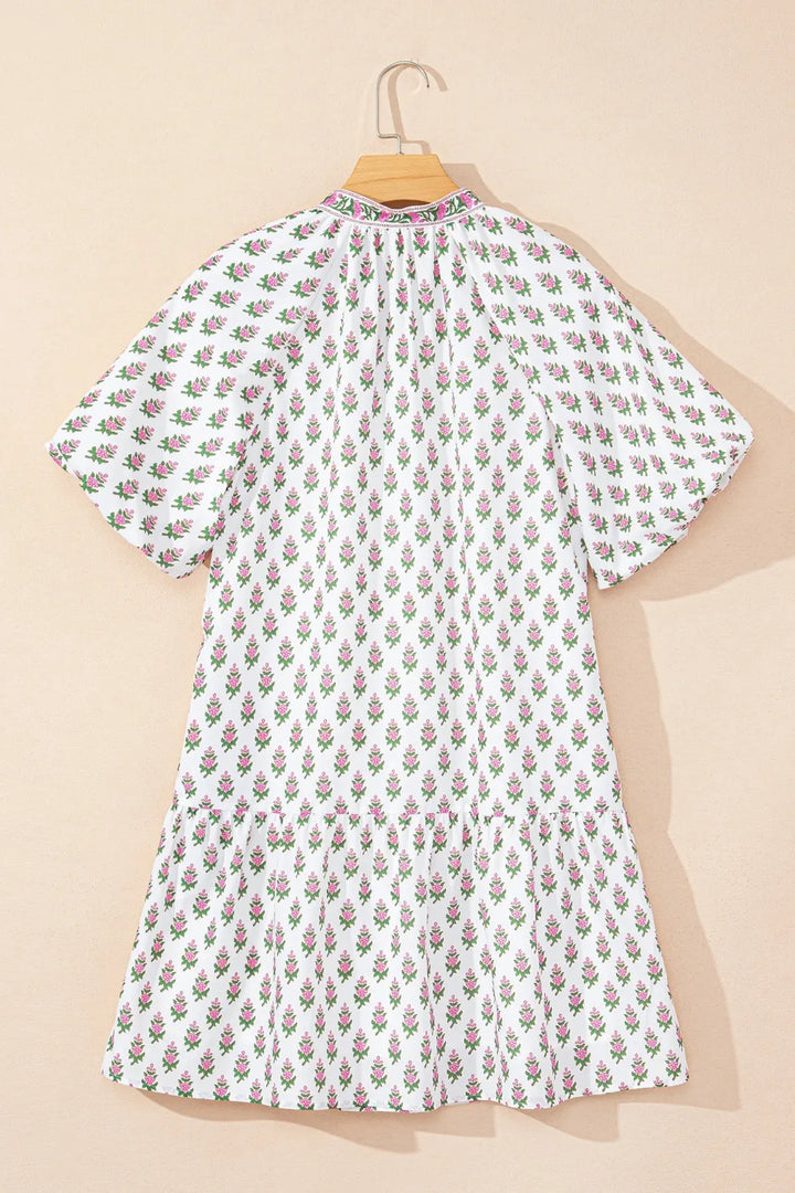 Floral Print Puff Sleeve Tie Neck Ruffled Hem Dress