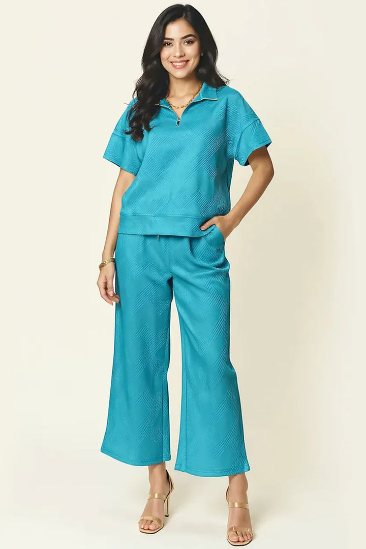 Double Take Full Size Texture Half Zip Short Sleeve Top and Pants Set