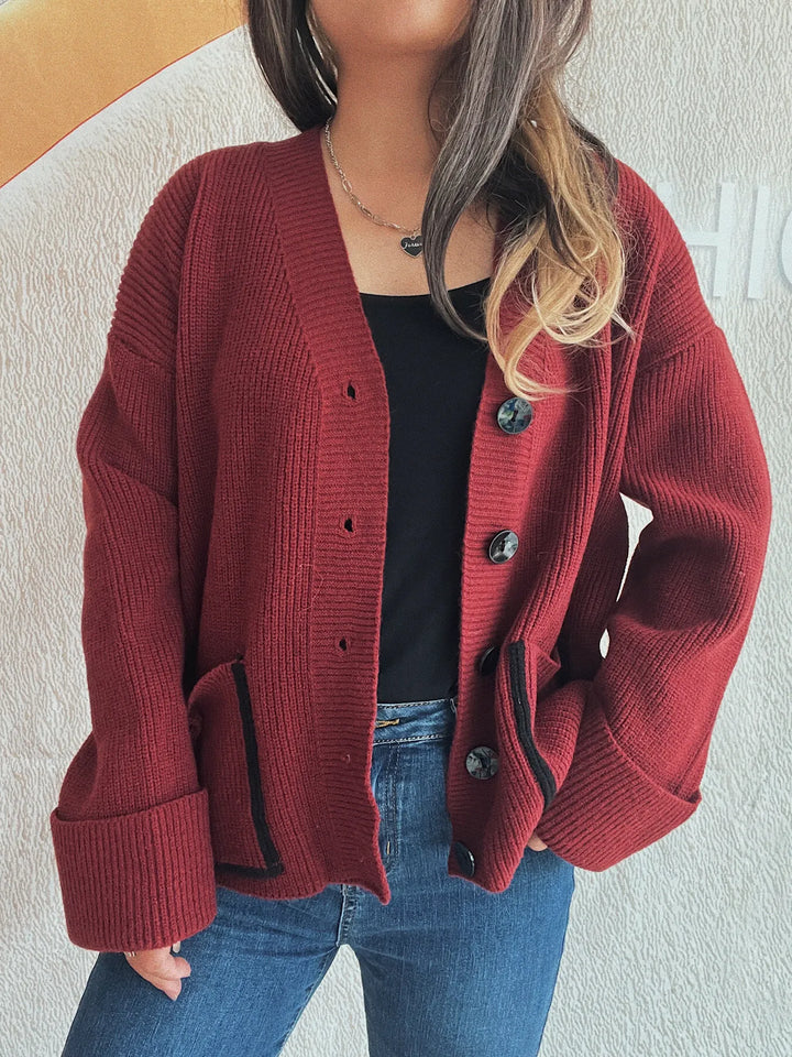 Button-Front Ribbed Cardigan with V-Neck