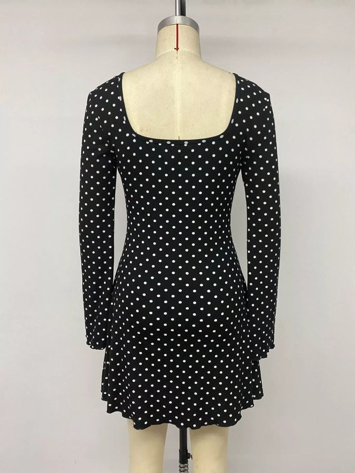 Polka Dot Lace Trimmed V-Neck Mini Dress