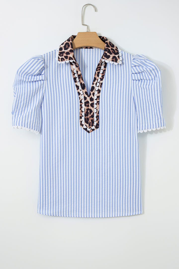 Sky Blue Stripe Ricrac Trim Short Puff Sleeve Leopard Patchwork Collar V Neck Blouse
