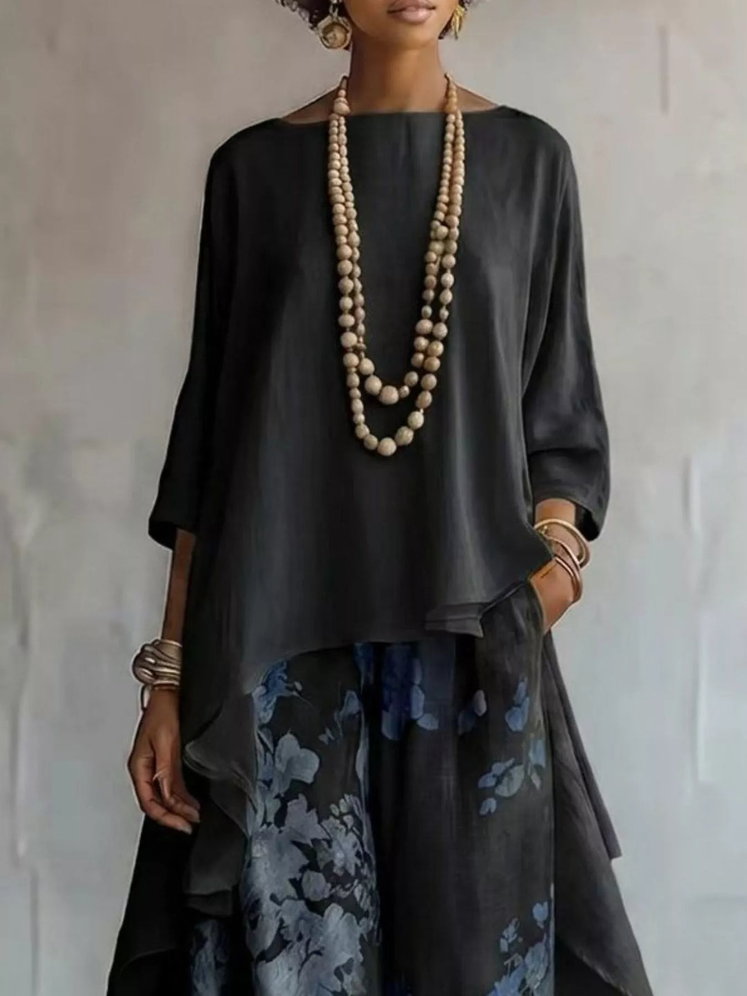 Asymmetrical Hem Top and Floral Pants Set