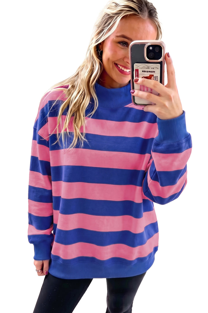 Blue Stripe Colorblock Mock Neck Relaxed Sweatshirt