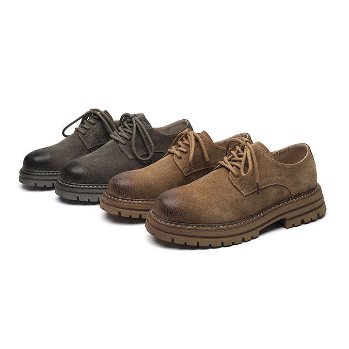 Youthful Round-toe Mens British-style Casual Pigskin Mid-heel Wide-toe Work Shoes