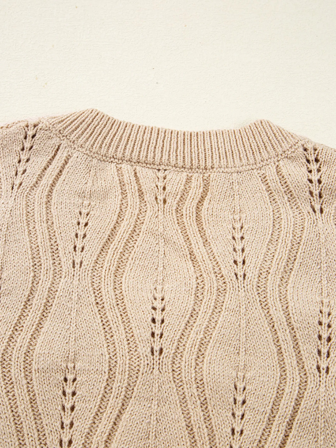 Pearl Beaded Pointelle Knit V Neck Lace Patchwork Sleeve Sweater