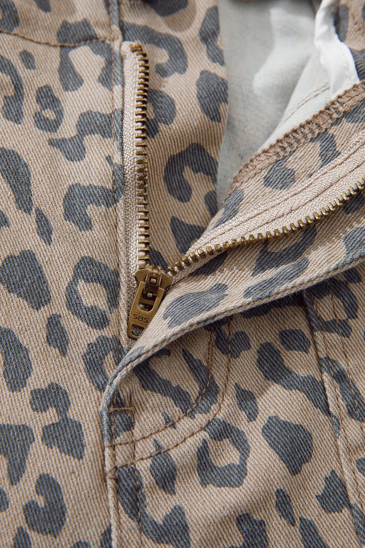 Leopard Printed Drawstring Waist Pocketed Wide Leg Jeans