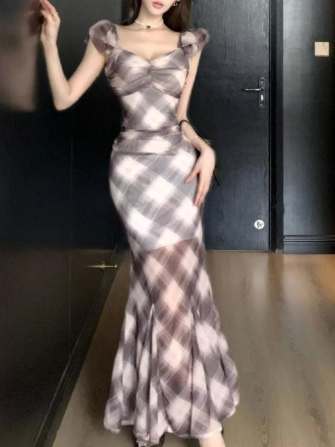 Plaid Ruffle Cap Sleeve Bodycon Maxi Dress