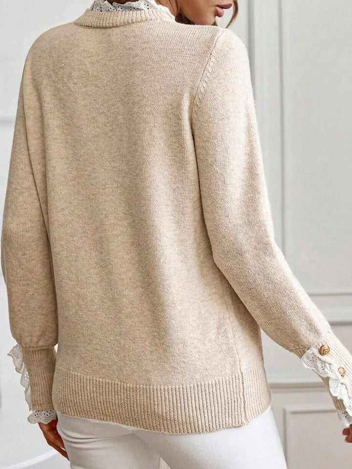 Lace Trim Button Cuff Long Sleeve Sweater