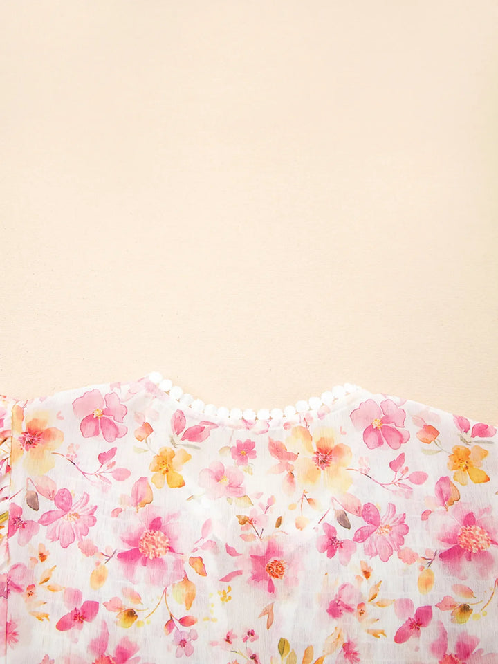 Floral Print Tassel Tie Smocked Puff Sleeve Blouse