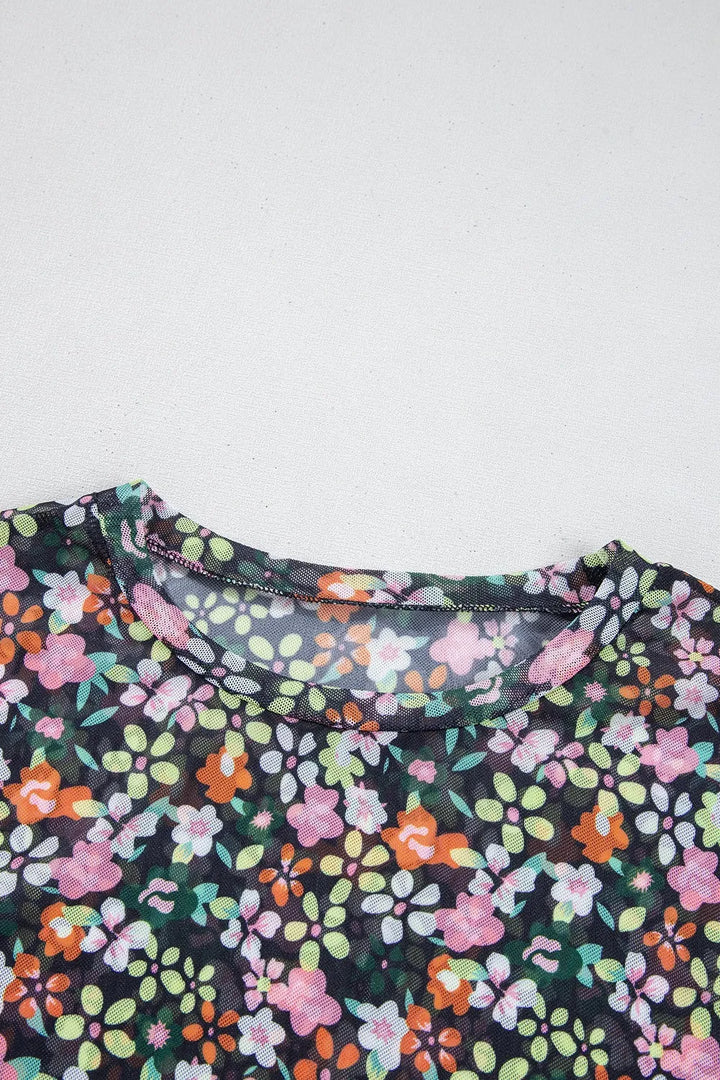 Cami and Sheer Floral Mesh Round Neck Top Set