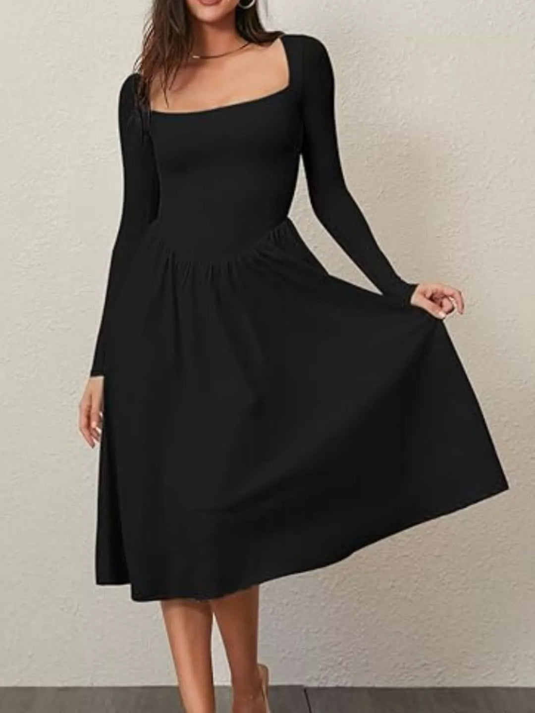 Square Neck Long Sleeve Midi Dress