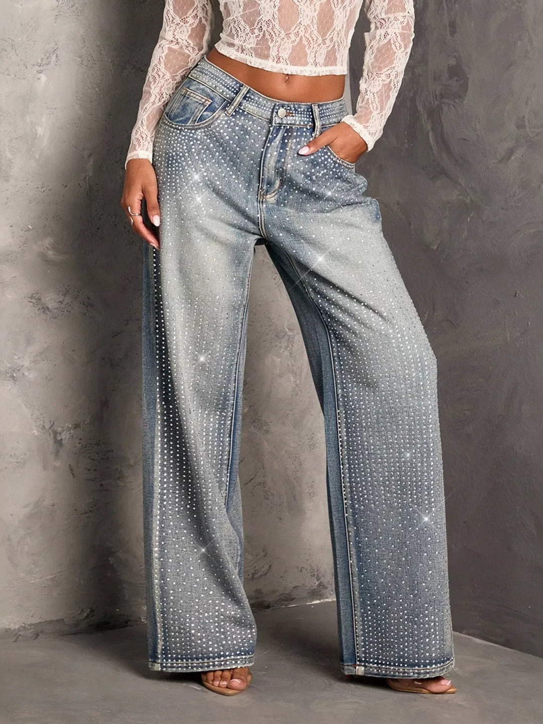 Rhinestone Wide-Leg Jeans