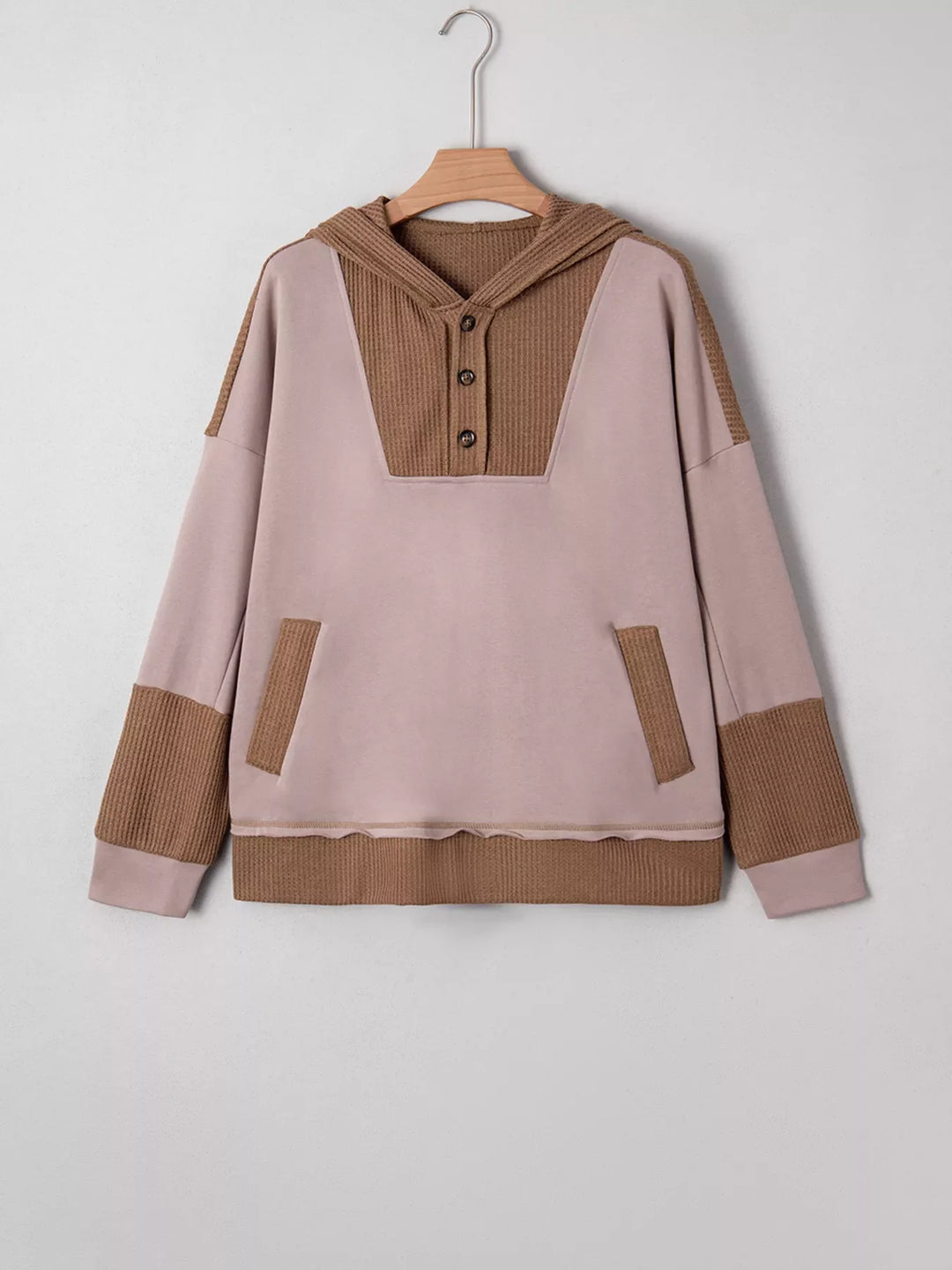 Oversize Waffle Patchwork Exposed Seam Casual Hoodie