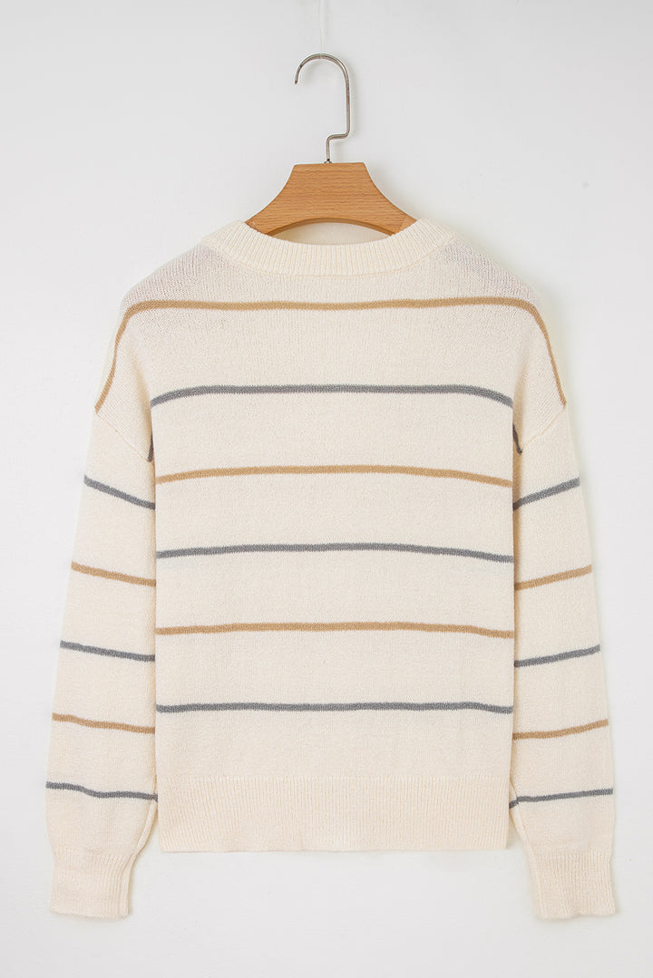 Multicolour Striped Buttoned Front V Neck Drop Shoulder Cardigan Sweater