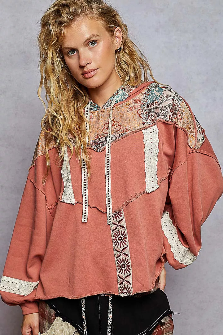 POL Drawstring French Terry Hoodie with Gauze Print Patch