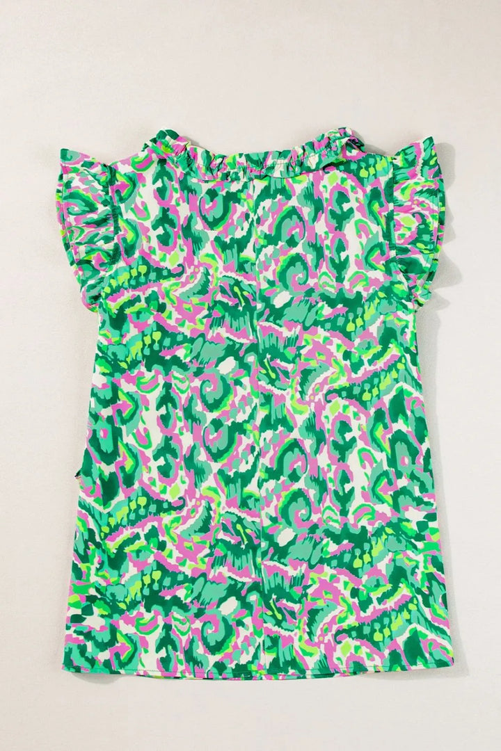 Abstract Print Ruffled Trim Tie Neck Top