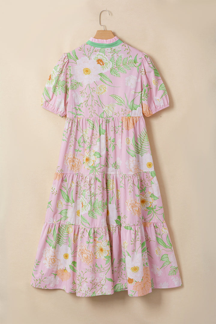Pink Floral Print Short Puff Sleeve High Waist Tiered Maxi Dress