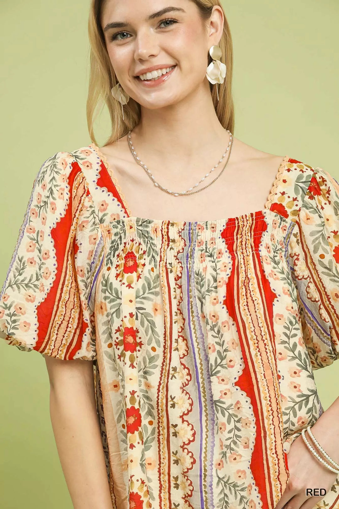 Umgee Patchwork Puff Sleeve Smocked Blouse