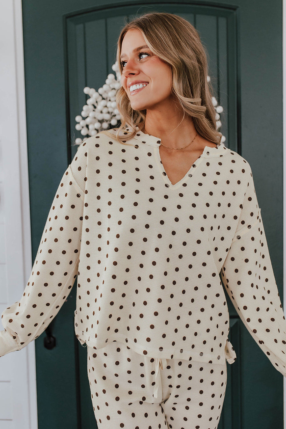 White Polka Dot Print Notched Neck Long Sleeve Top Drawstring Jogger Pants Waffle Knit Lounge Set