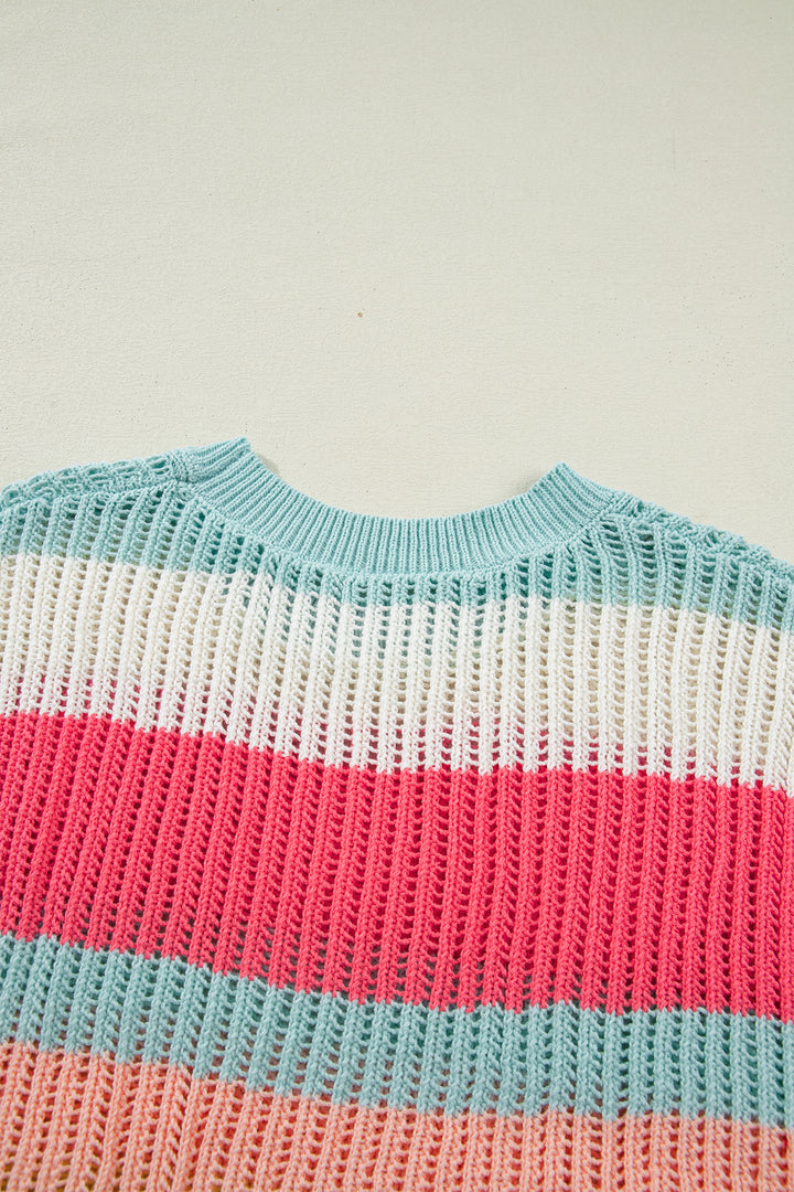 Green Stripe Color Block Hollow Out Knit Short Sleeve Sweater