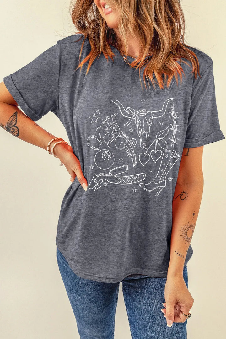Cowgirl Boots OX Head Western Graphic Crewneck Tee
