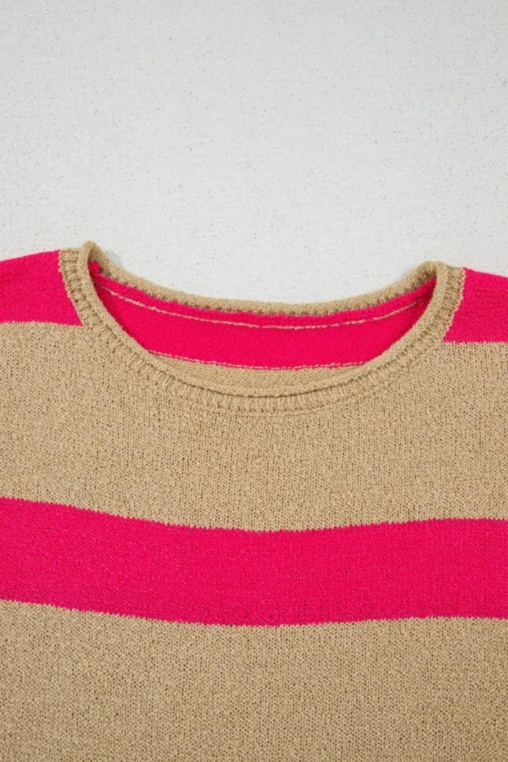 Contrast Striped Crew Neck Lightweight Knit Top