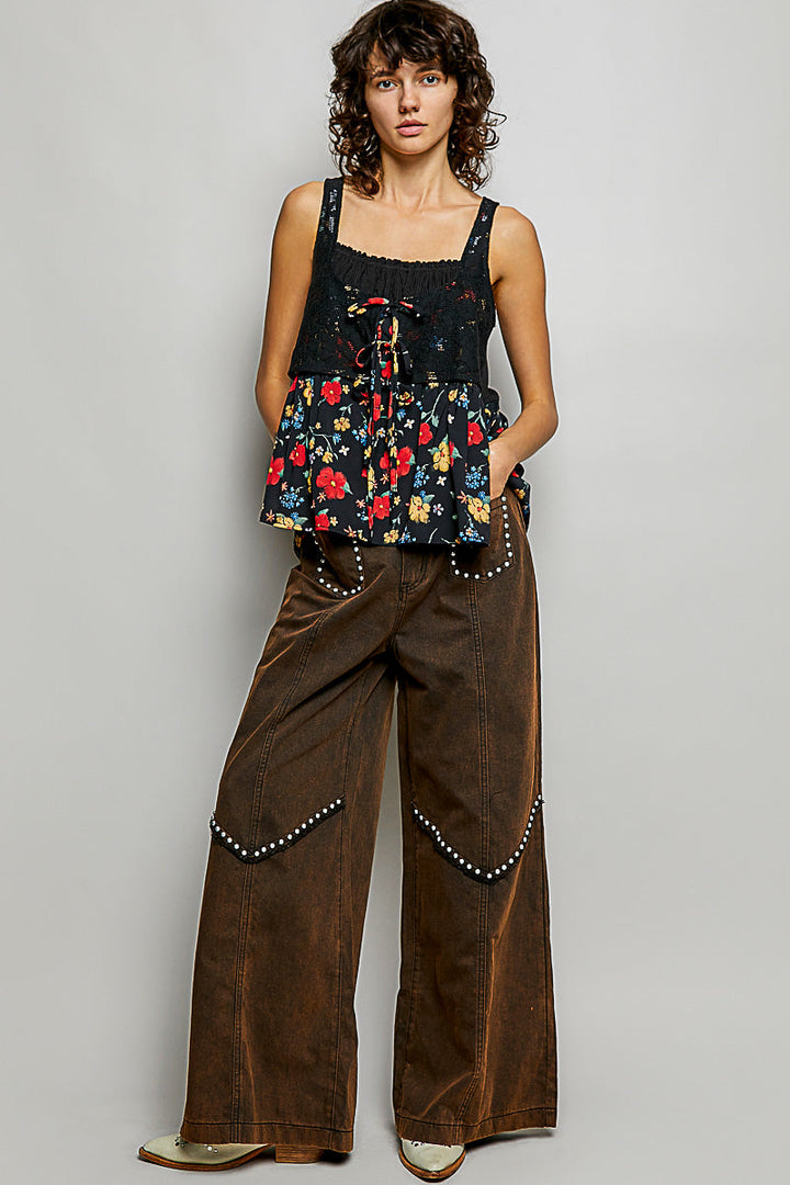 POL Ribbed Sleeveless Top with Lace Bust Floral Woven Patch