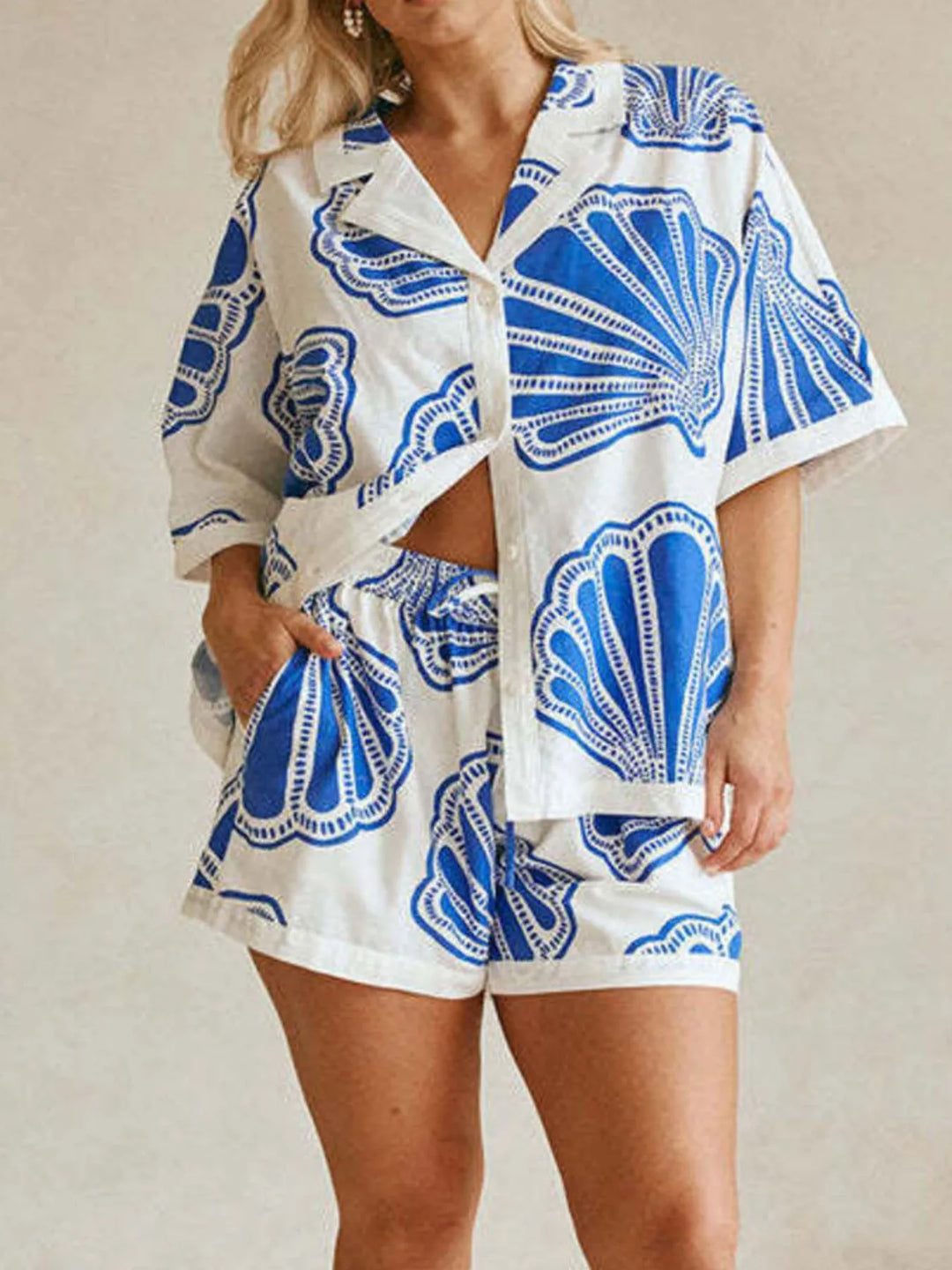 Printed Button Up Shirt and Shorts Set