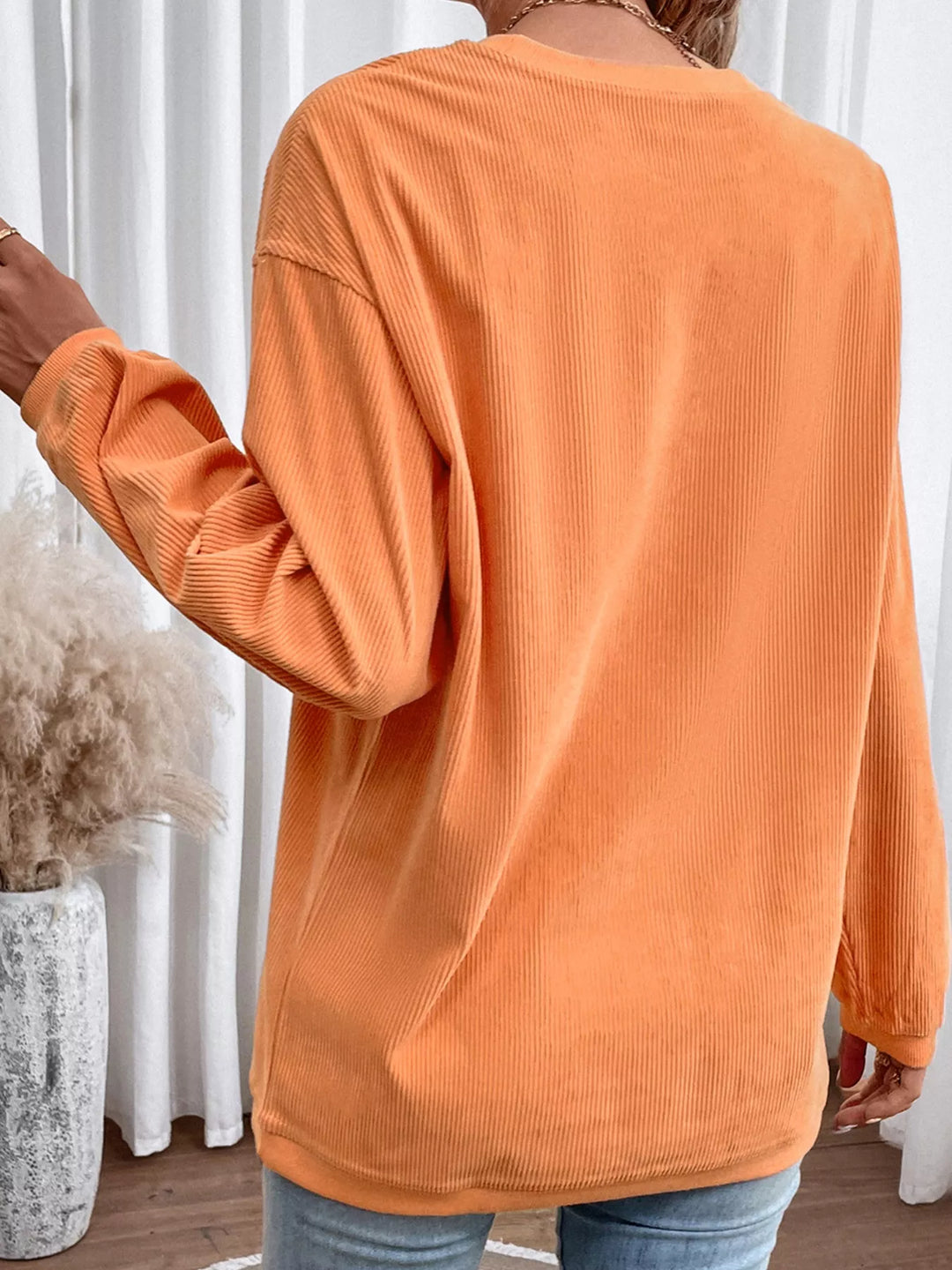 Halloween Sequined Pumpkin Ribbed Round Neck Sweatshirt