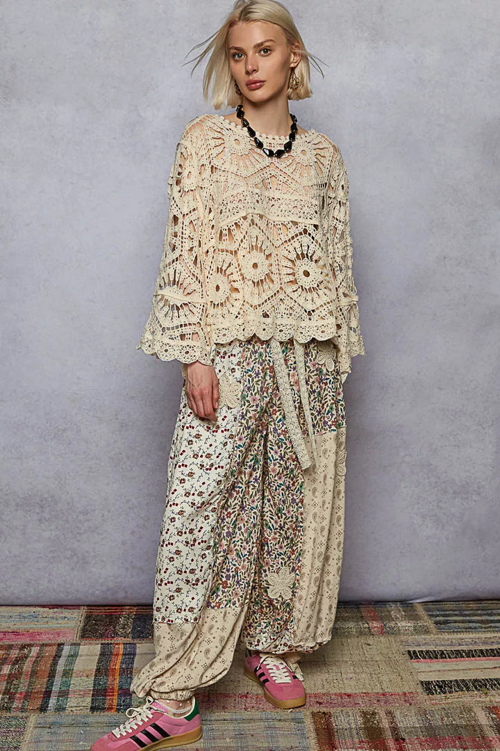 POL Round Neck Weave Knit Pattern Cropped Cover Up