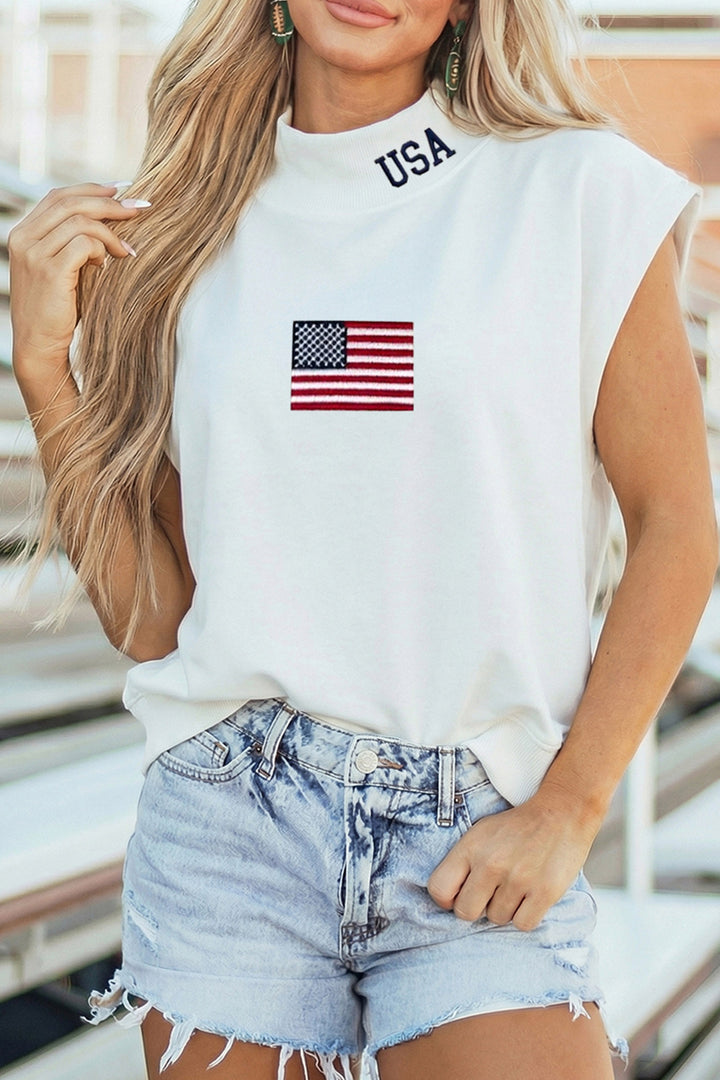 White USA Flag Embroidered High Neck Cap Sleeve Top