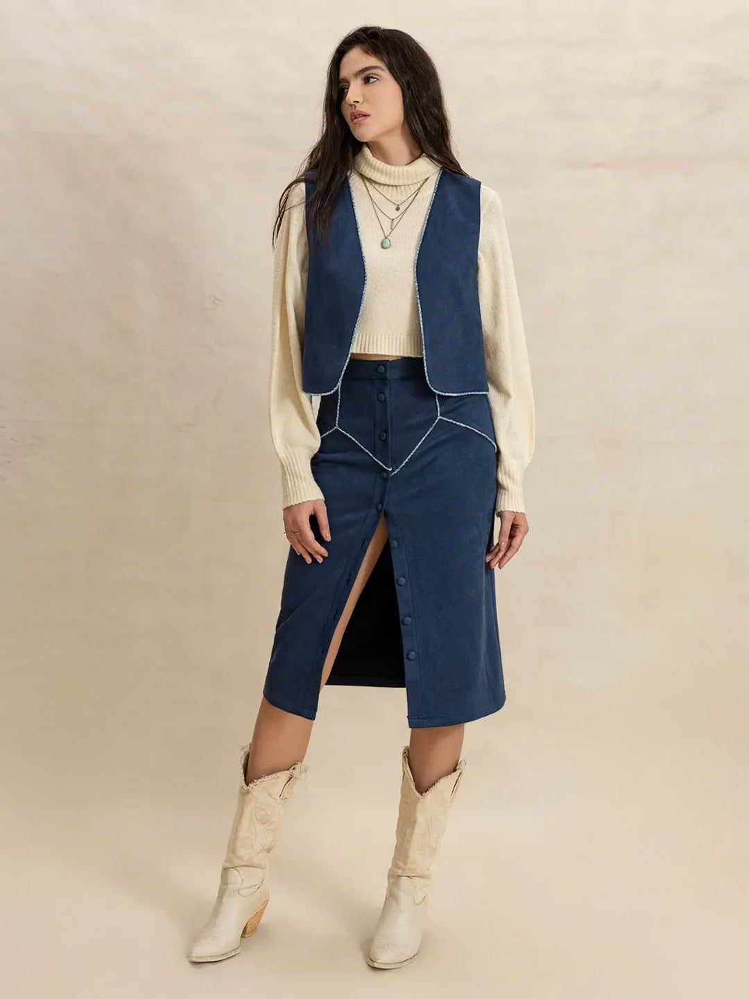 Open Front Vest and Buttoned Skirt Set