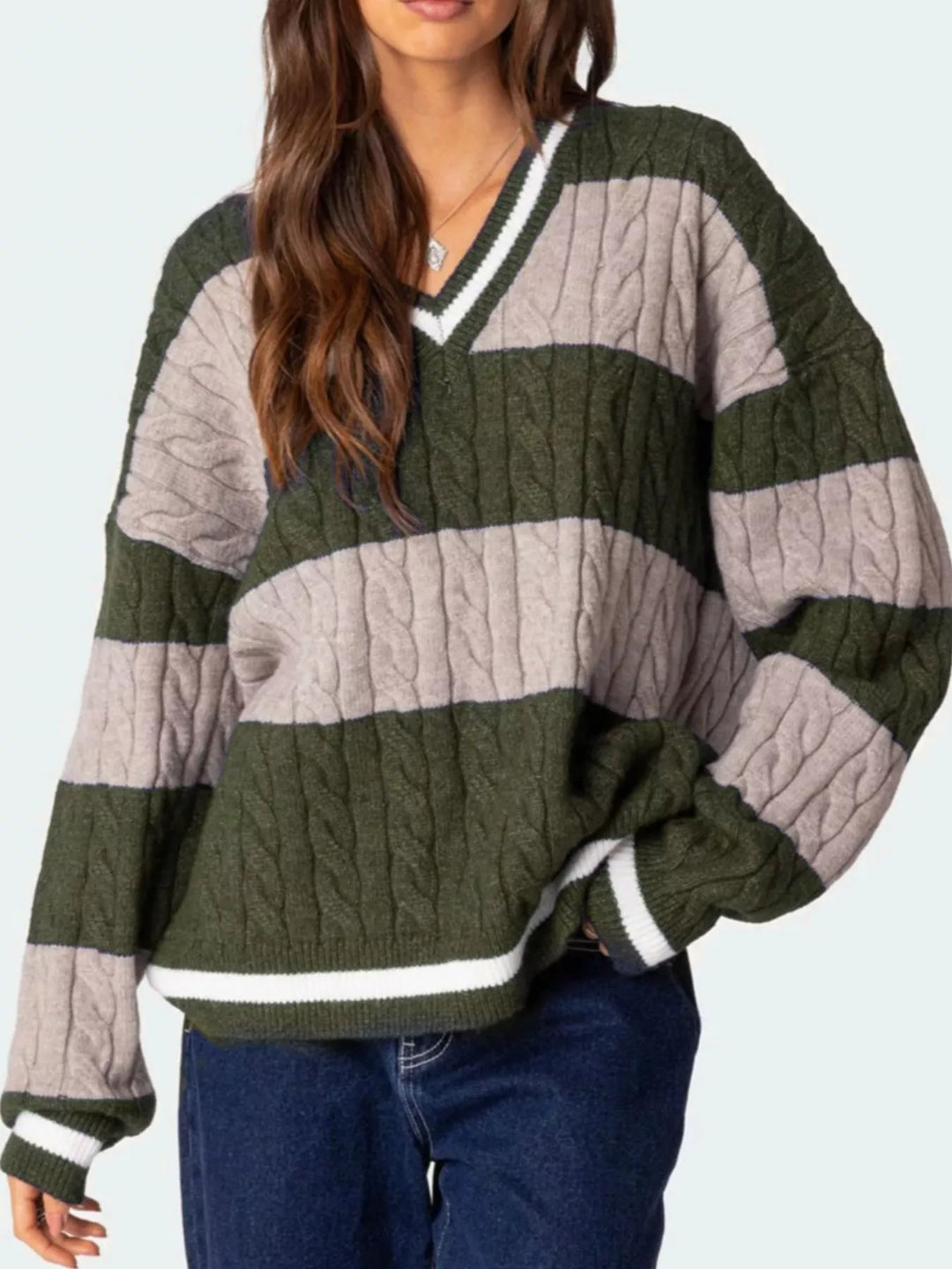 Striped Cable Knit V-Neck Sweater