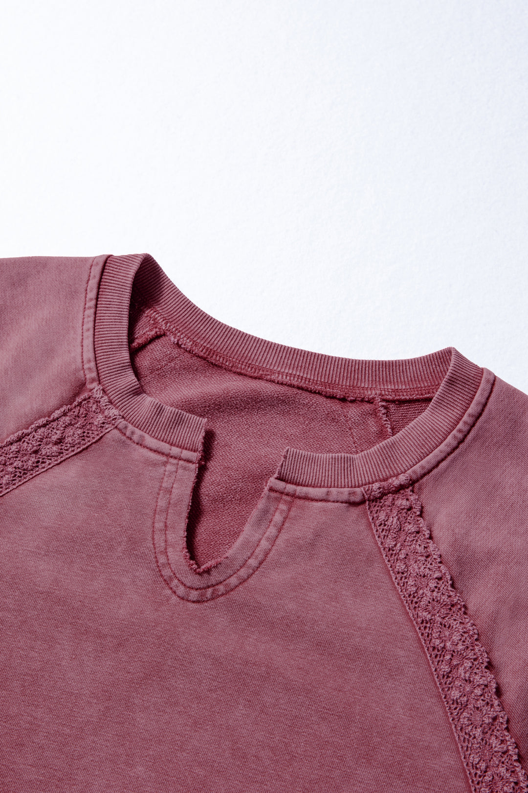 Red Dahlia Lace Patchwork Detail Notched Neck Mineral Wash Baggy Sweatshirt