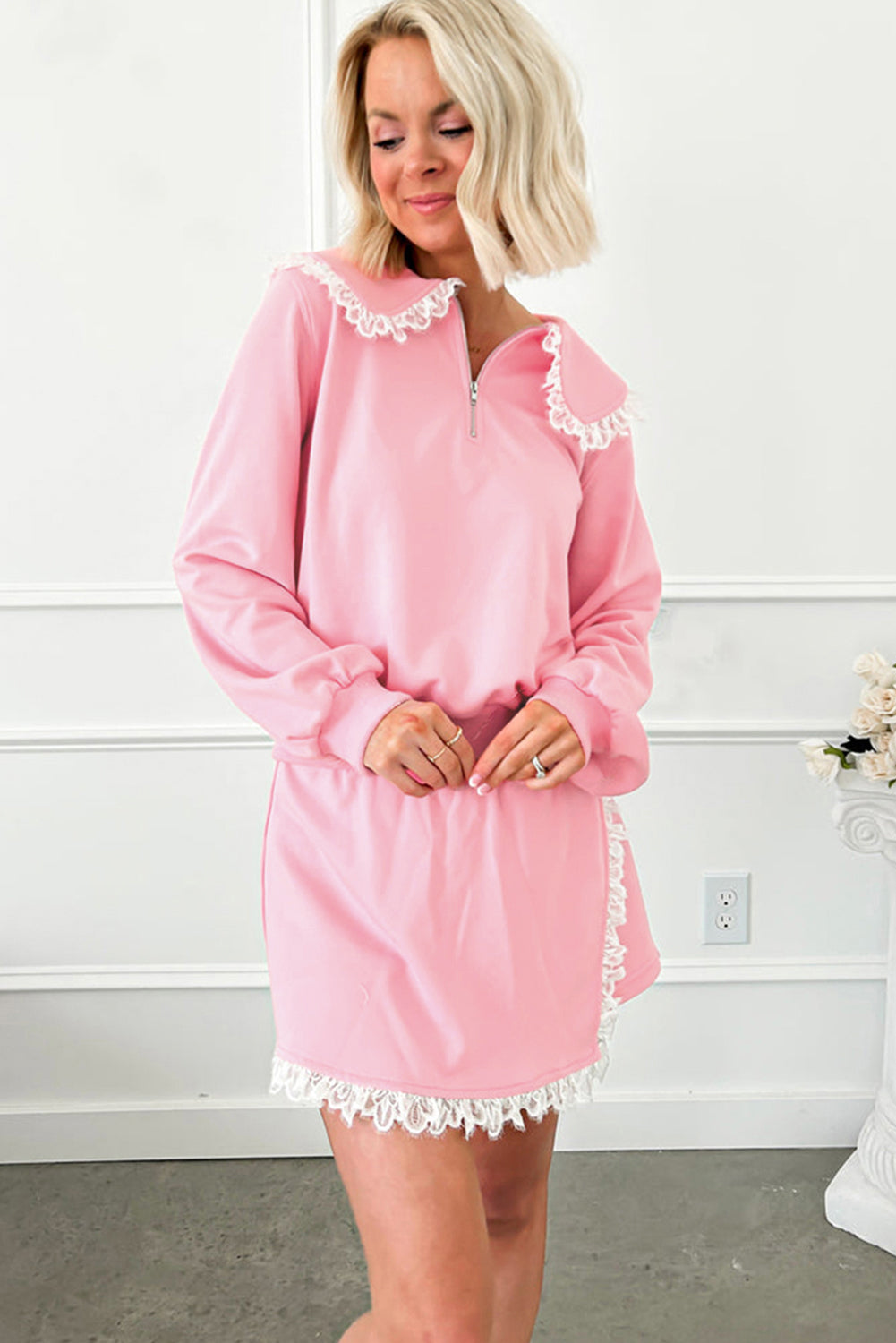 Pink Peter Pan Lace Embellished Neck Collision Sweatshirt and Skirt Two Piece Set