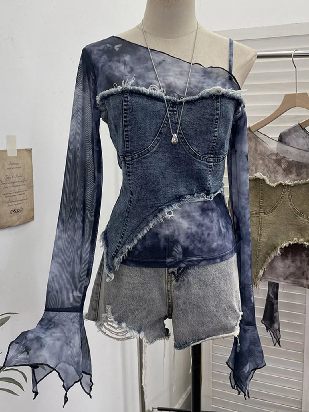 Asymmetrical Neck Denim Patchwork Top
