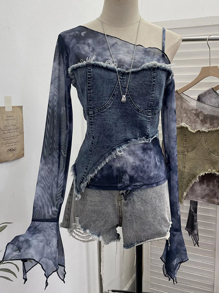 Asymmetrical Neck Denim Patchwork Top