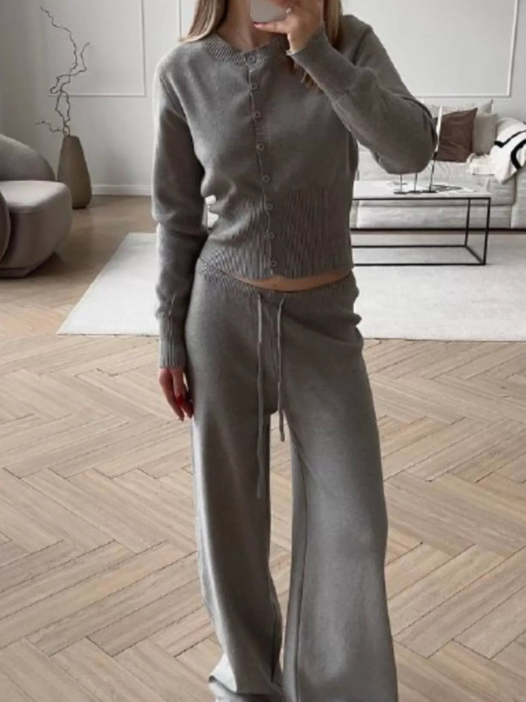 Button Up Cardigan and Pants Knit Set