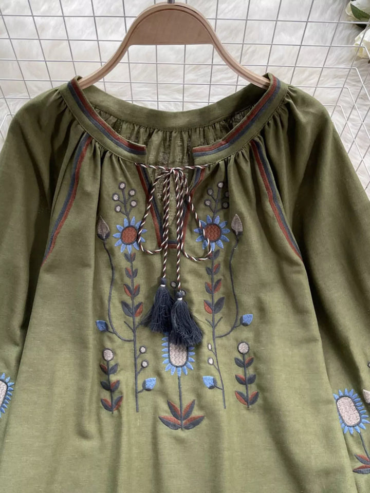 Embroidered Tie Neck Blouse